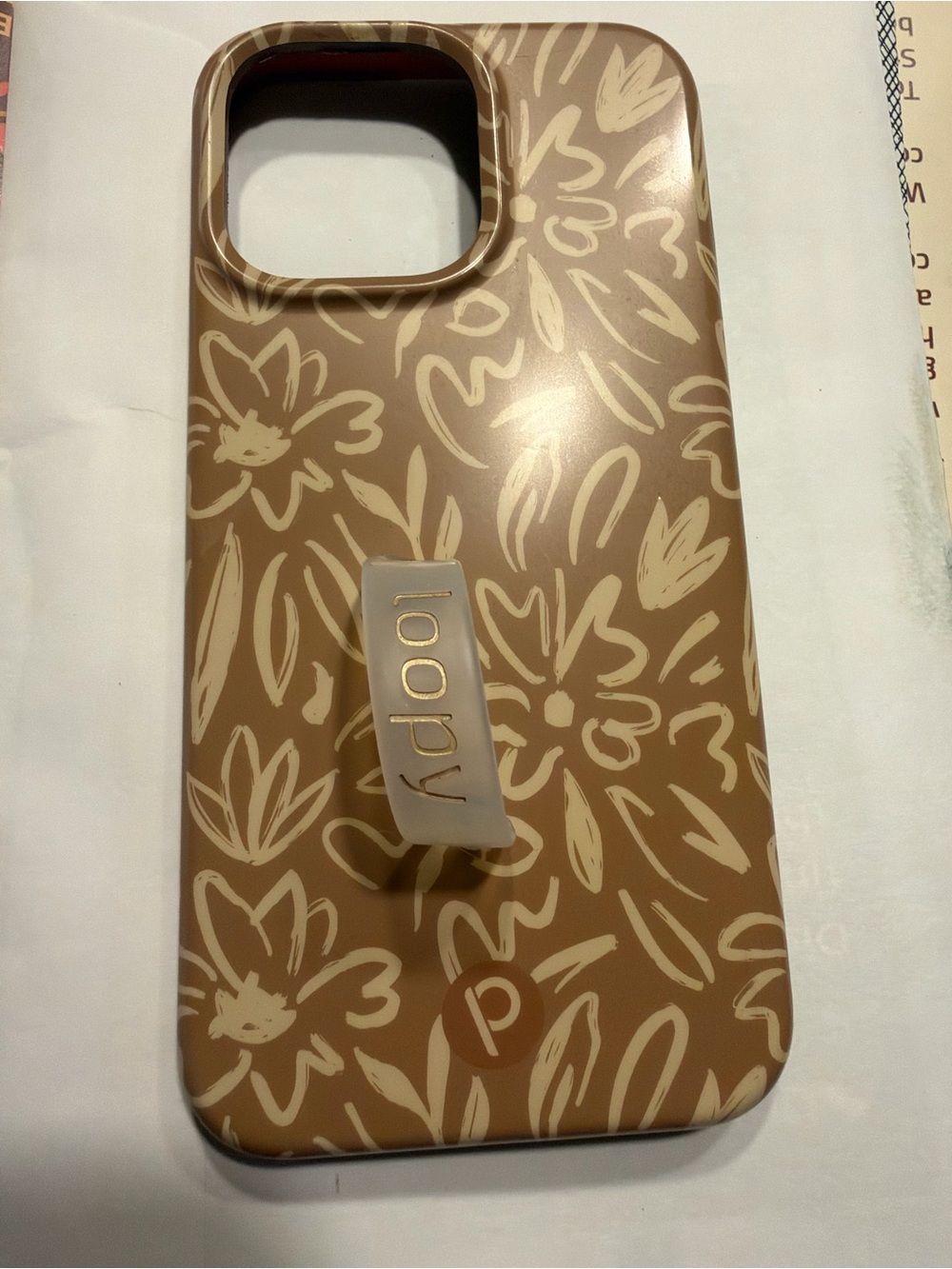 Loopy Case Tan Floral Phone Case with Beige Finger Loop